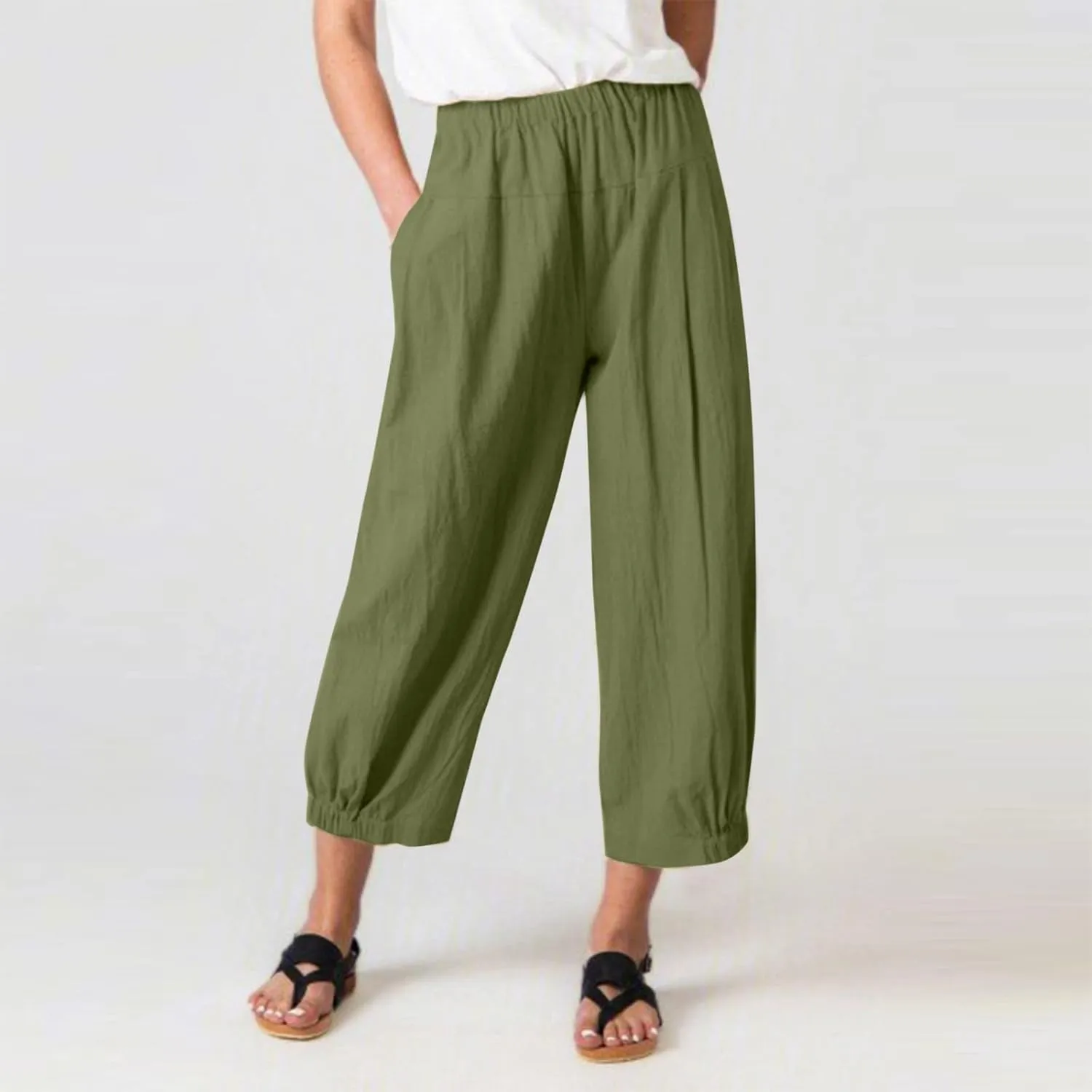 DASAYO Women's Linen Pants Summer Elastic Wasit Ankle Length Casual Pants Ladies Loose Fit Lightweight Trousers with Pockets