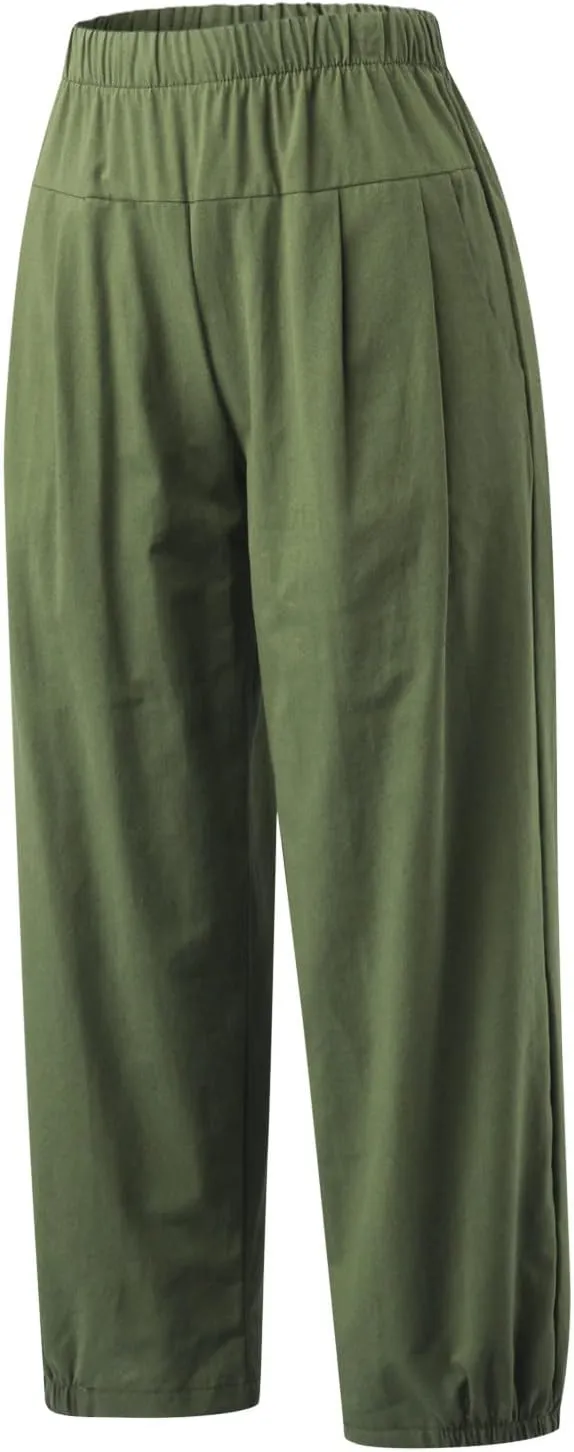 DASAYO Women's Linen Pants Summer Elastic Wasit Ankle Length Casual Pants Ladies Loose Fit Lightweight Trousers with Pockets