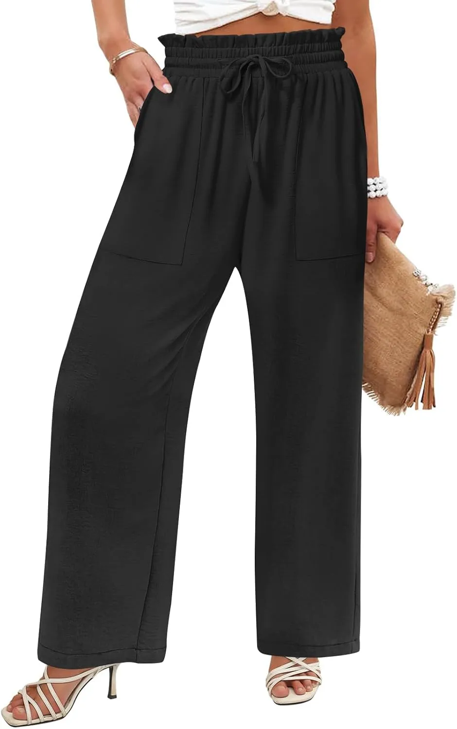 DB MOON Womens Wide Leg Pants Business Casual Outfits Loose High Waist Trouser with Pockets