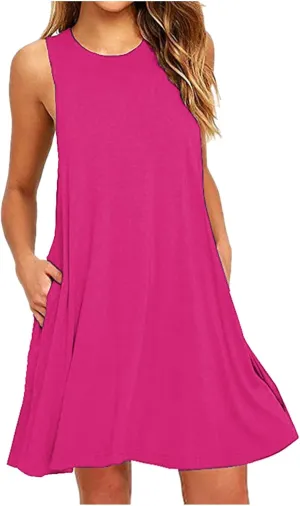 Dresses for Women 2024 Casual Summer Sleeveless Crewneck Ruffle Swing Mini Dress Sexy Flowy Beach Vacation Sundresses