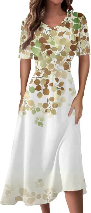 Dresses for Women Crewneck Printed Dresses Short Sleeve High Waist Dress Boho Vintage Midi Dress Trendy Flowy Dress