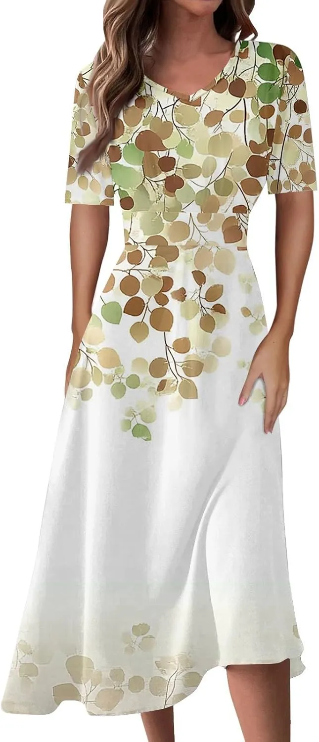 Dresses for Women Crewneck Printed Dresses Short Sleeve High Waist Dress Boho Vintage Midi Dress Trendy Flowy Dress