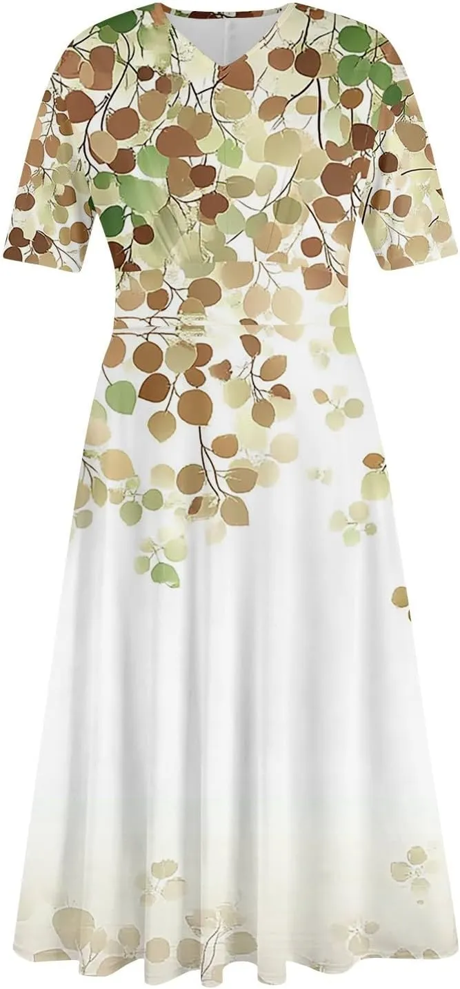 Dresses for Women Crewneck Printed Dresses Short Sleeve High Waist Dress Boho Vintage Midi Dress Trendy Flowy Dress