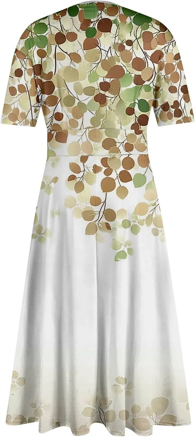 Dresses for Women Crewneck Printed Dresses Short Sleeve High Waist Dress Boho Vintage Midi Dress Trendy Flowy Dress