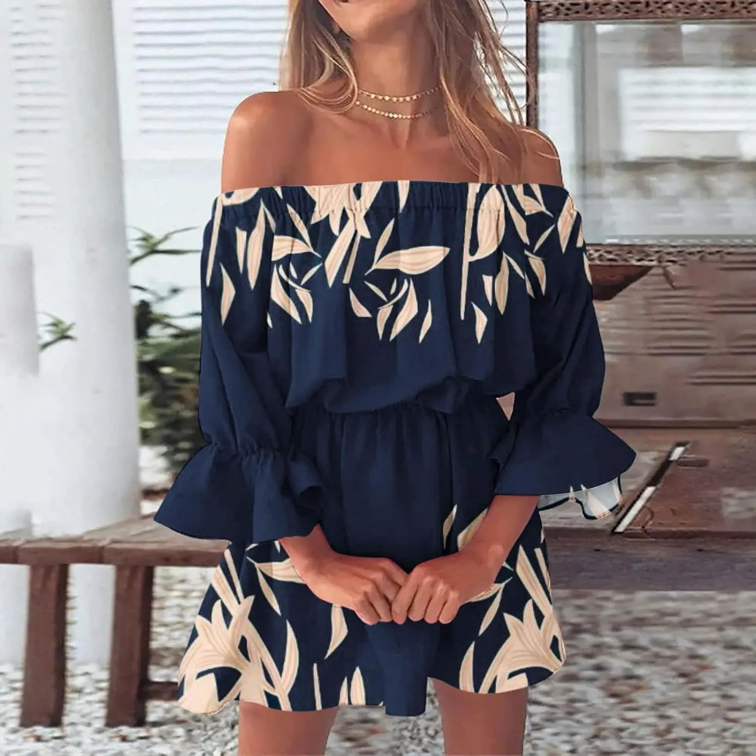 Eduavar Summer Dresses for Women 2024, Beach Dresses for Women 2024 Vacation Sexy Off Shoulder Mini Dress Casual Loose Dress