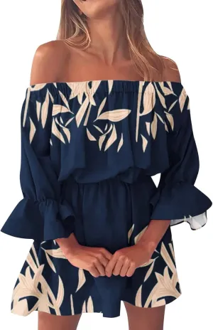 Eduavar Summer Dresses for Women 2024, Beach Dresses for Women 2024 Vacation Sexy Off Shoulder Mini Dress Casual Loose Dress