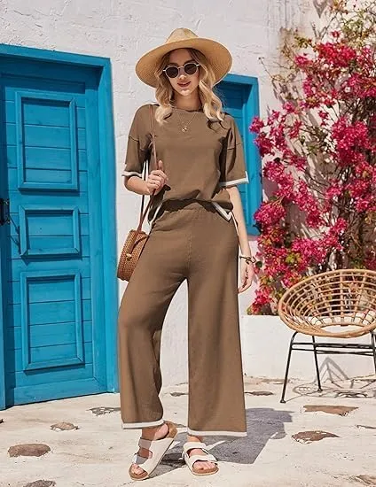 Ekouaer Lounge Set for Women 2 Piece Outfits Knit Short Sleeve Sweater Top Wide Leg Long Pants Loungewear Pajama Set