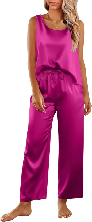 Ekouaer Womens Satin Pajamas Set Back Split Top and Long Pant Silk Pj Set Tank Sleepwear S-XXL