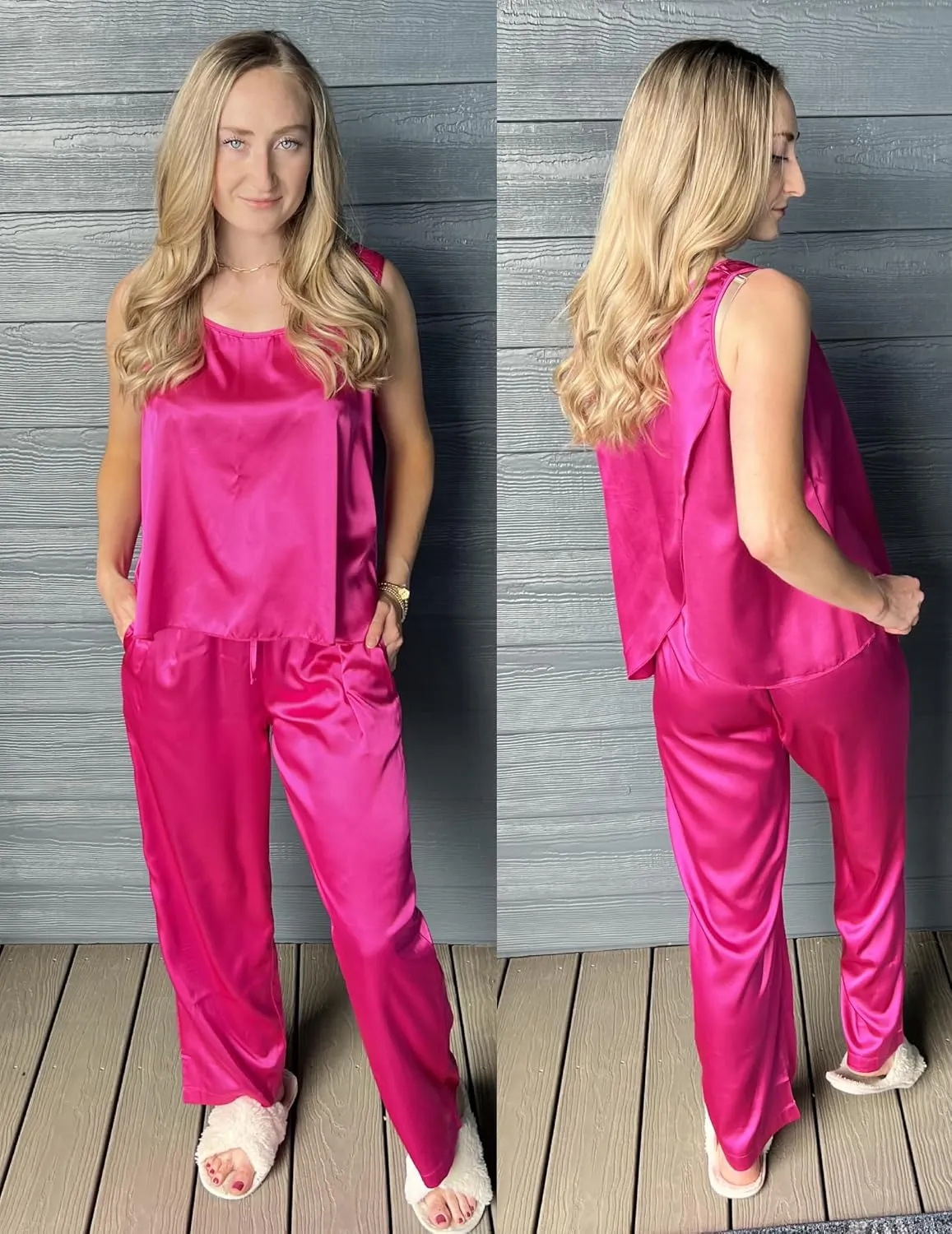 Ekouaer Womens Satin Pajamas Set Back Split Top and Long Pant Silk Pj Set Tank Sleepwear S-XXL