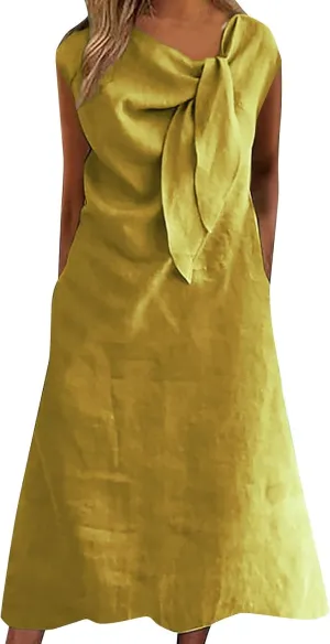 Elegant Tie Scarf Neck Maxi Dress Women Summer Cotton Linen Cap Sleeve A-Line Dresses Plus Size Casual Work Dress