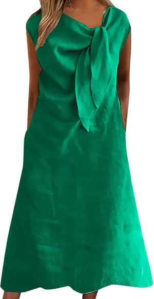 Elegant Tie Scarf Neck Maxi Dress Women Summer Cotton Linen Cap Sleeve A-Line Dresses Plus Size Casual Work Dress