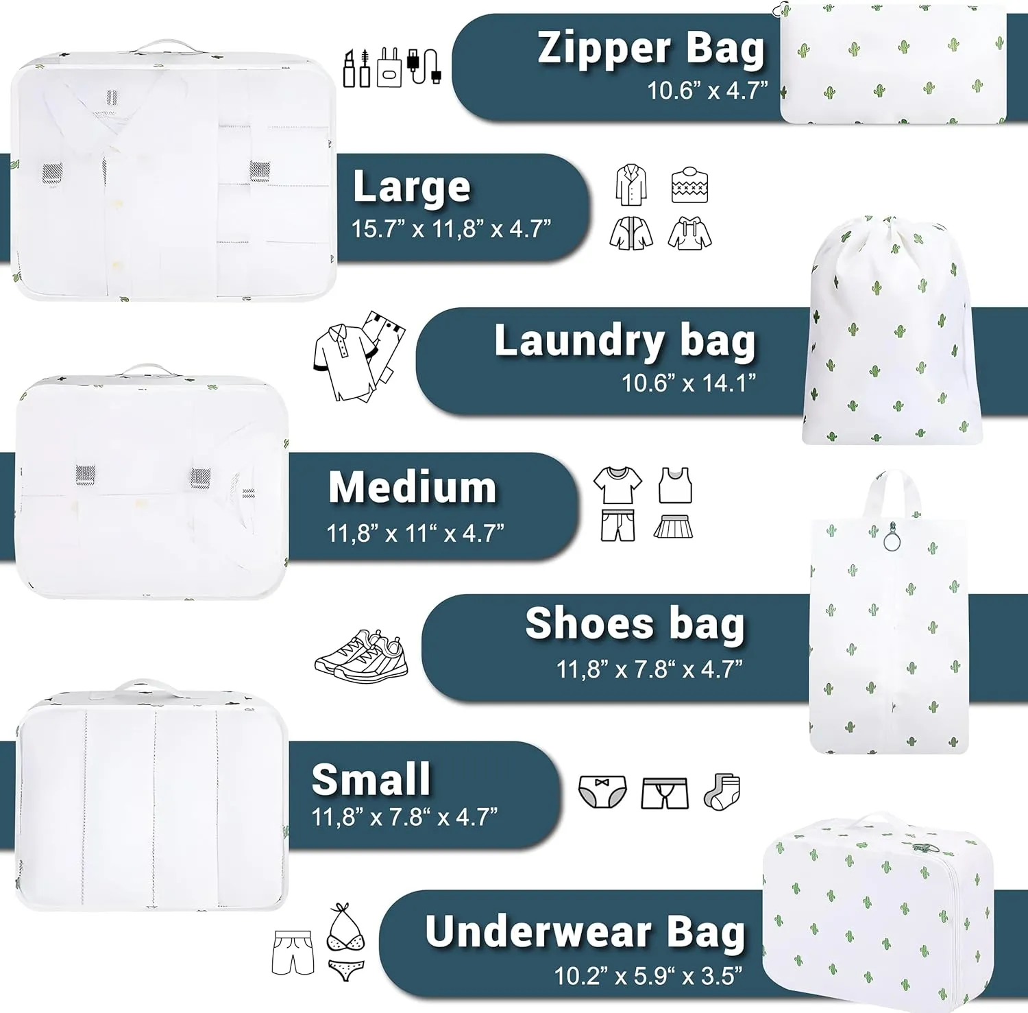 Ewise Shop - 7-Piece Set of Packing Cubes for Travel, Luggage, and Suitcases: Resistant and Waterproof Organizer Bags (Cactus)