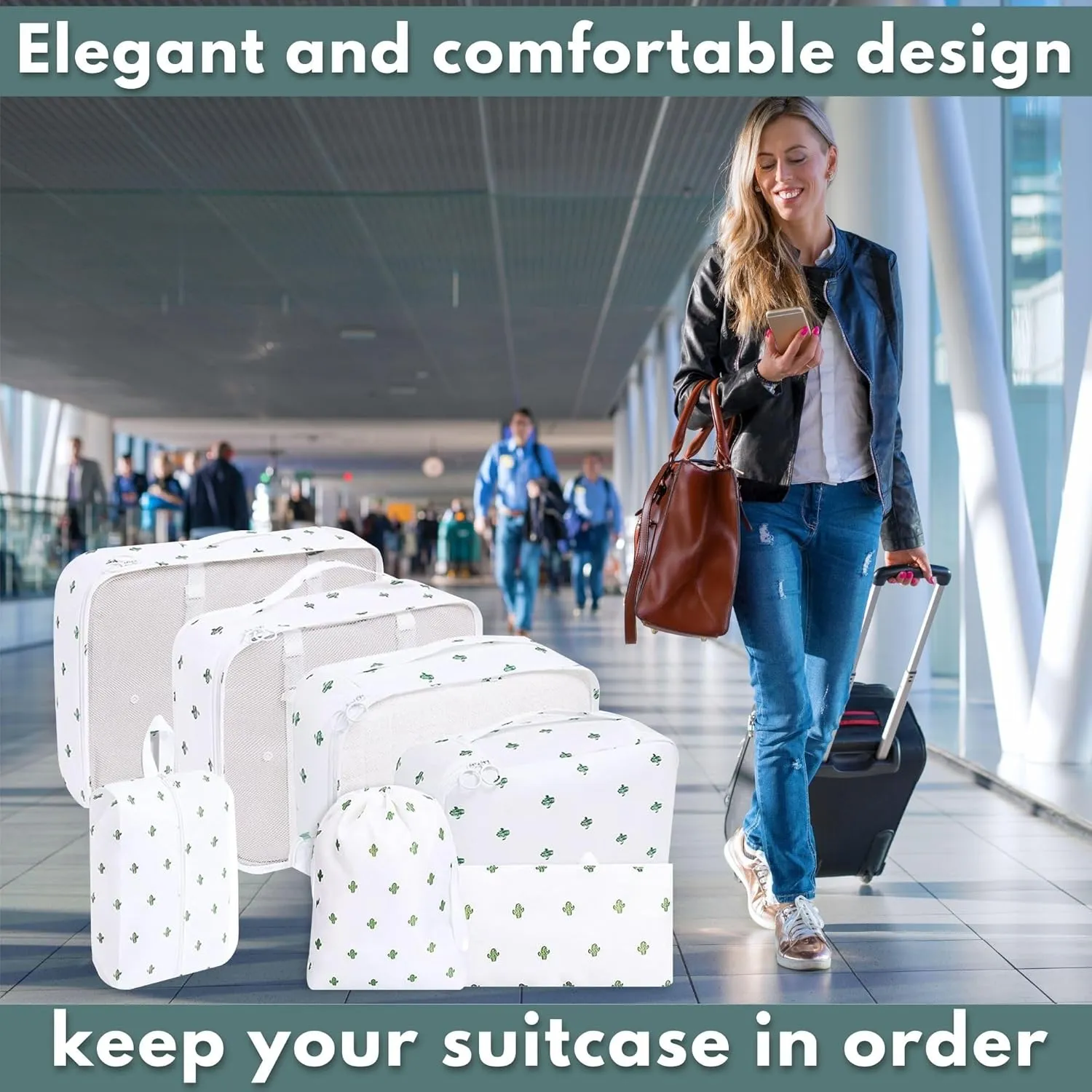 Ewise Shop - 7-Piece Set of Packing Cubes for Travel, Luggage, and Suitcases: Resistant and Waterproof Organizer Bags (Cactus)