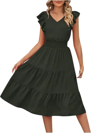 Firzero Womens Summer Dresses Casual Ruffle Cap Short Sleeve Elastic Waist Long Dress V Neck Wedding Guest A Line Maxi Dress