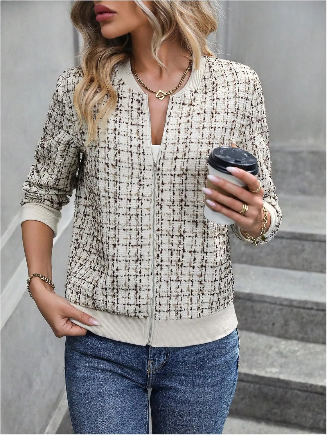 Floerns Women's Plaid Print Zip Up Bomber Jacket Casual Long Sleeve Coat Outwear