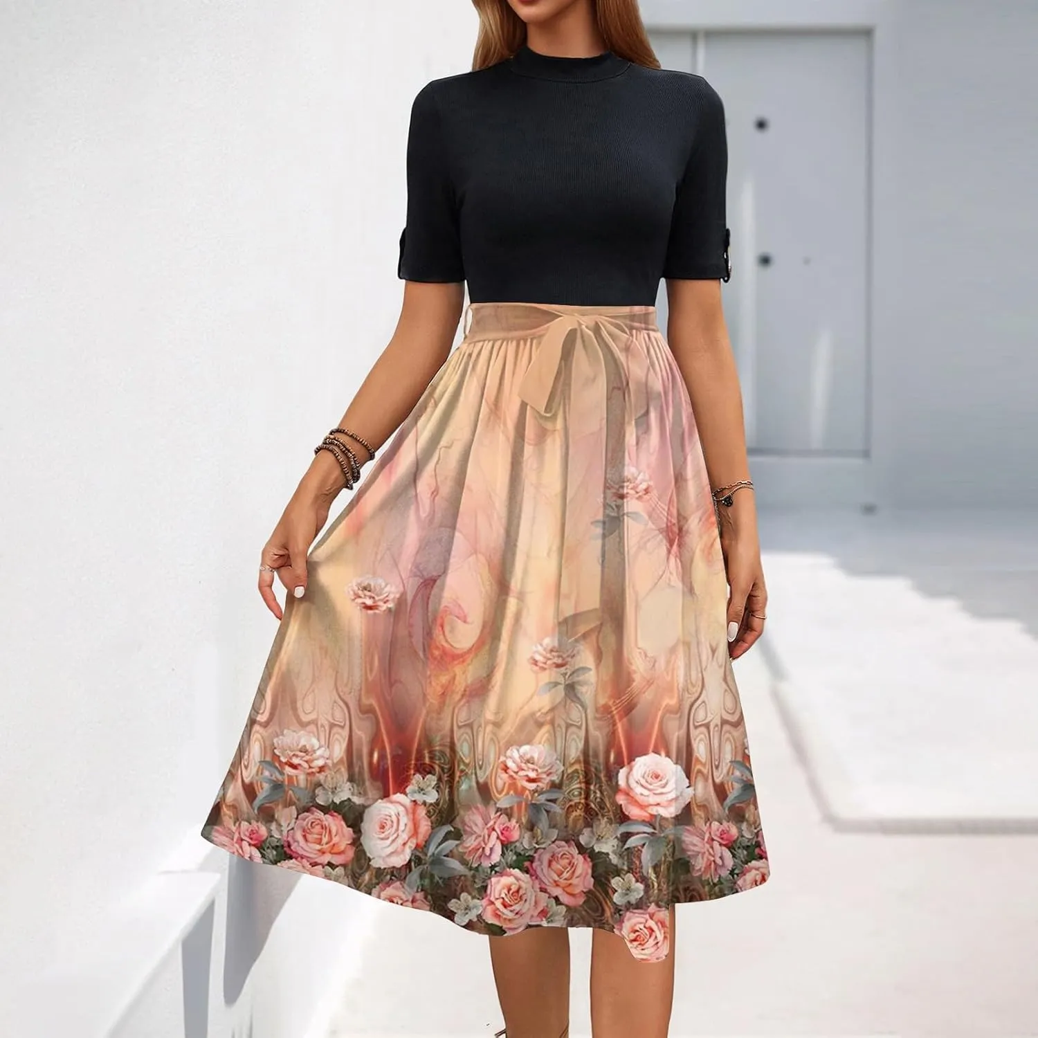 Floral Dresses Flowy Short Sleeve Empire Waist Summer Crewneck Midi Length Fashion Belted Sundresses for Women