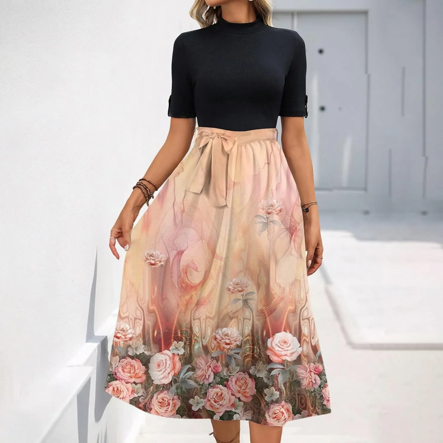 Floral Dresses Flowy Short Sleeve Empire Waist Summer Crewneck Midi Length Fashion Belted Sundresses for Women