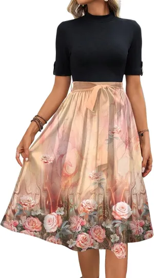 Floral Dresses Flowy Short Sleeve Empire Waist Summer Crewneck Midi Length Fashion Belted Sundresses for Women