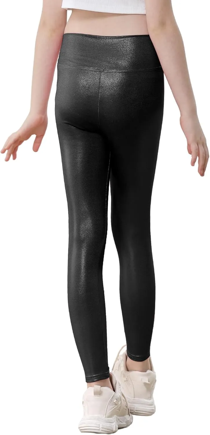 Girls Metallic Leggings High Waisted Sparkly Yoga Pants Shiny Running Dance Tights for Kids Youth Teen, 2 Pack