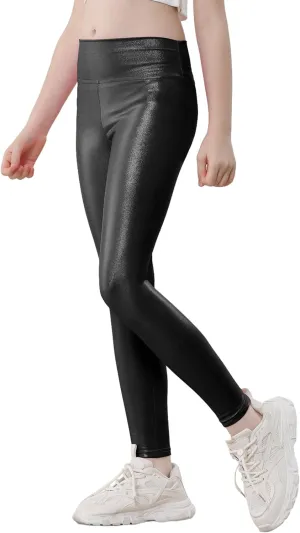 Girls Metallic Leggings High Waisted Sparkly Yoga Pants Shiny Running Dance Tights for Kids Youth Teen, 2 Pack