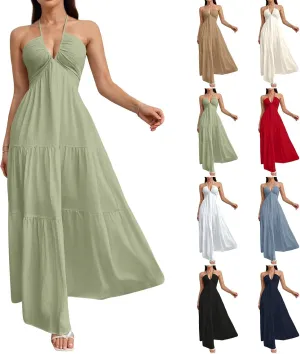 Halter Maxi Dresses for Women 2025 Elegant V Neck Spaghetti Strap Dress Casual Boho Tiered Hem a Line Corset Sundress