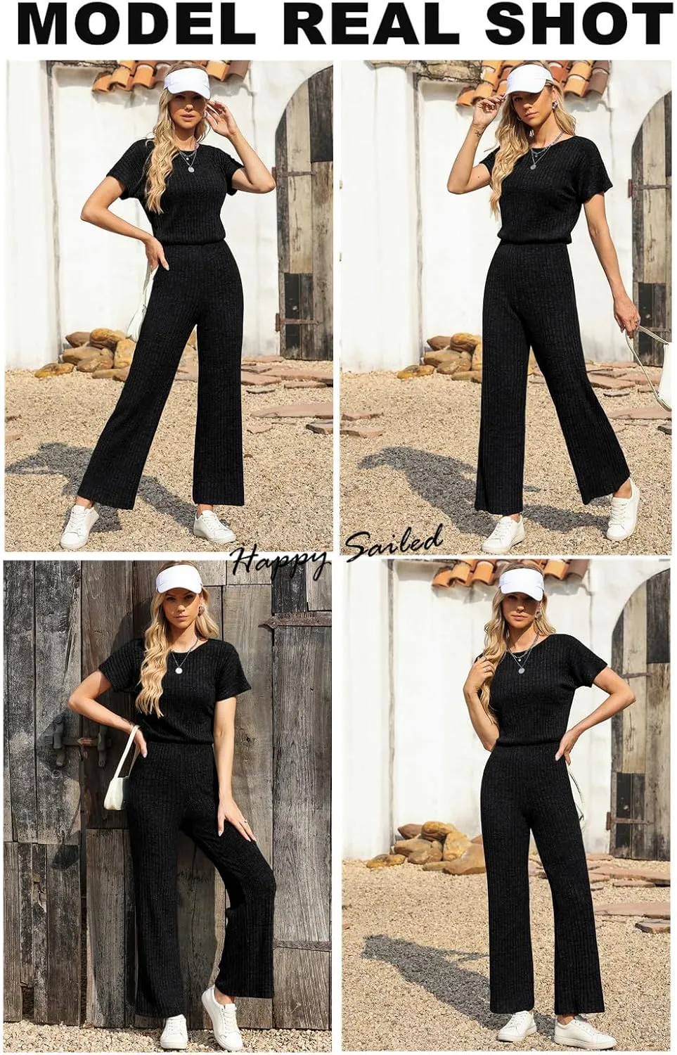 Happy Sailed Women's Casual Loose Solid Ribbed Crewneck Short Sleeve Long Romper Stretchy Wide Leg Jumpsuits