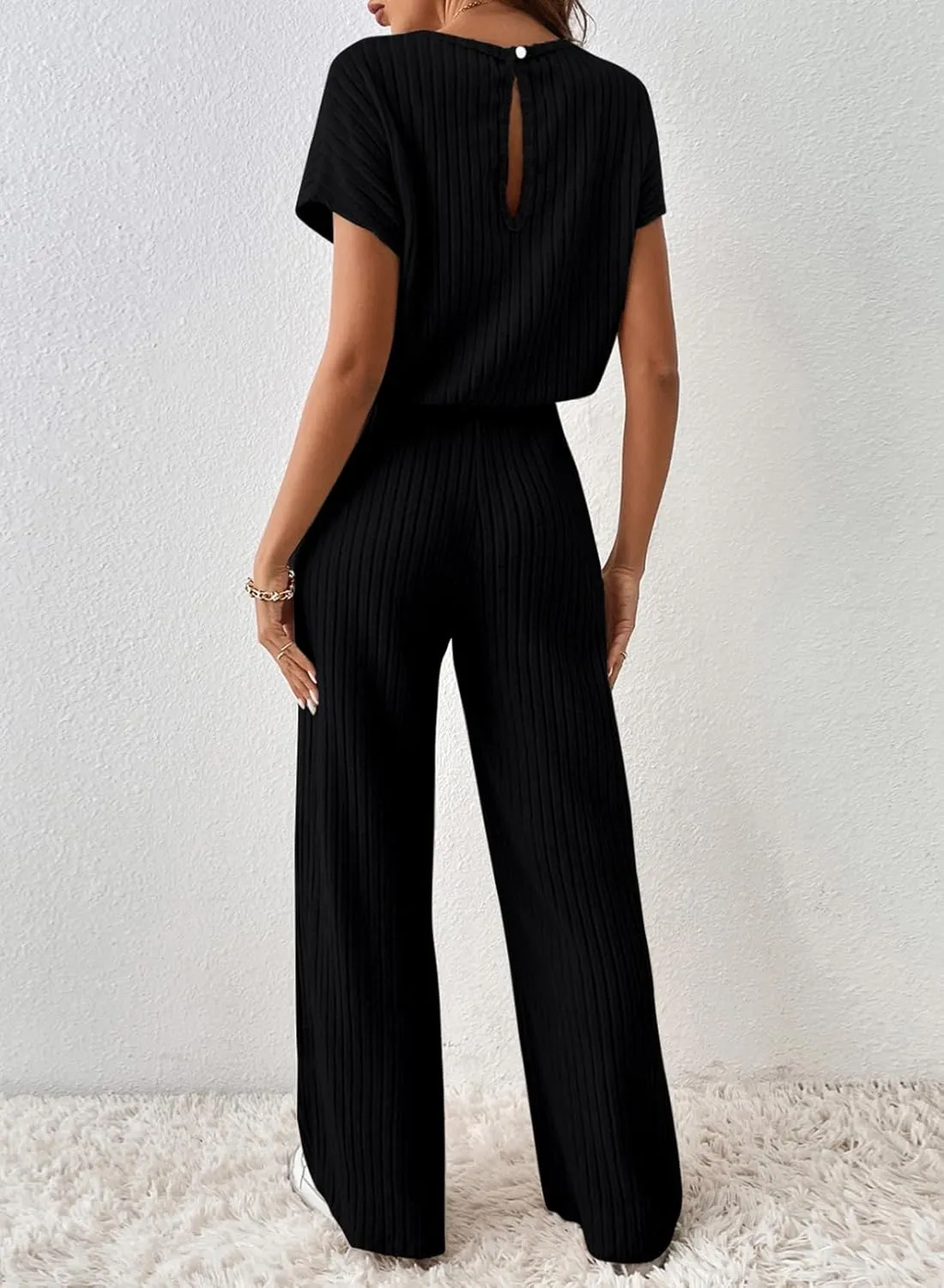 Happy Sailed Women's Casual Loose Solid Ribbed Crewneck Short Sleeve Long Romper Stretchy Wide Leg Jumpsuits