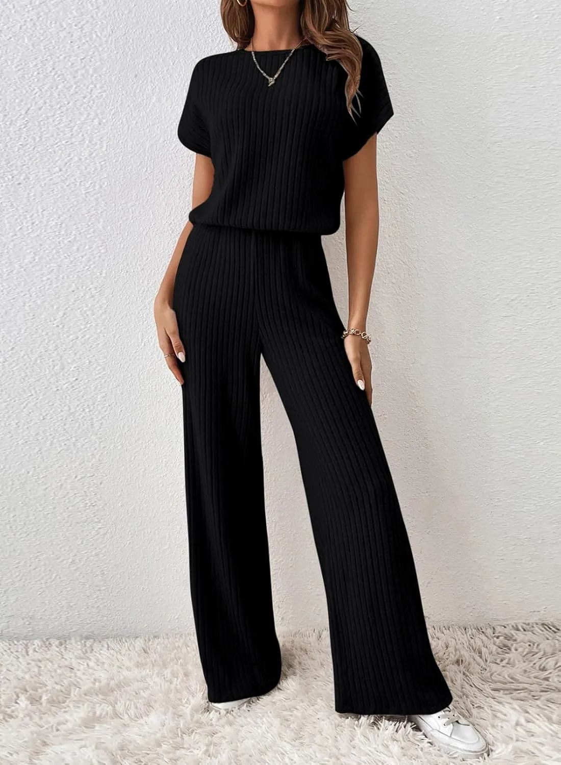 Happy Sailed Women's Casual Loose Solid Ribbed Crewneck Short Sleeve Long Romper Stretchy Wide Leg Jumpsuits