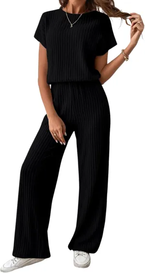 Happy Sailed Women's Casual Loose Solid Ribbed Crewneck Short Sleeve Long Romper Stretchy Wide Leg Jumpsuits
