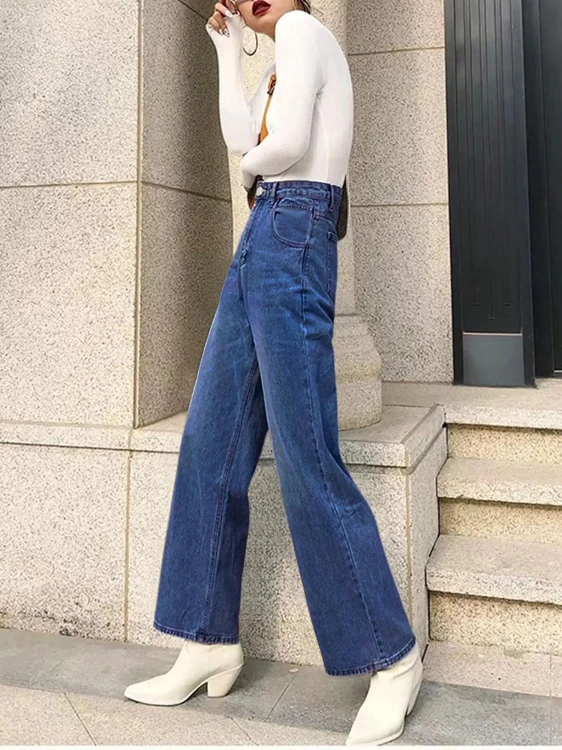 HDLTE Women Ripped Boyfriends Jeans Distressed High Waist Baggy Denim Pants Wide Leg Straight Trousers Y2k Streetwear Pants