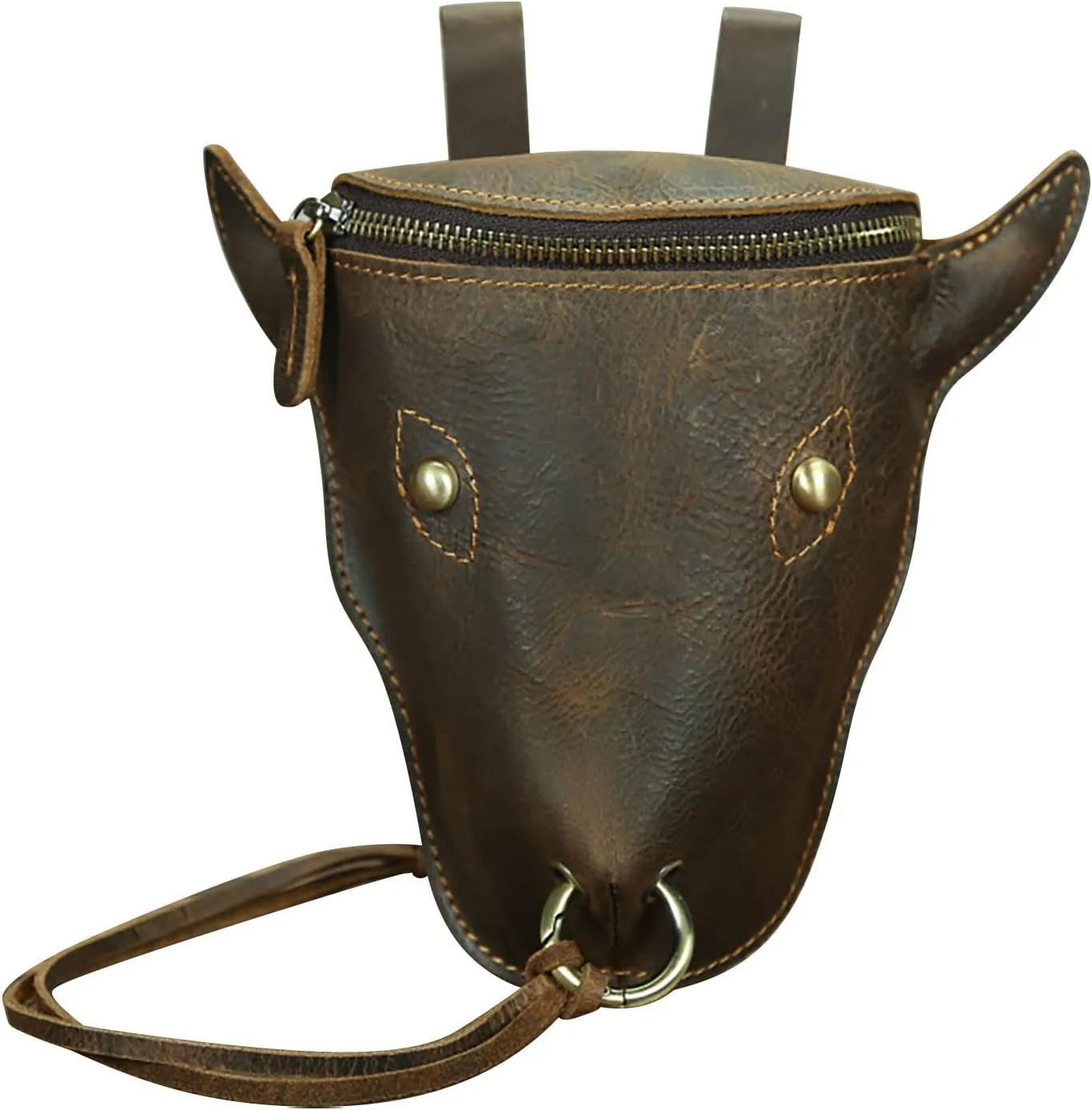 Head Layer Leather Leather Waist Bag Men'S Retro Cool Cow Head Hanging Bag Wear Waist Belt Cell Phone Waist Pack Bags (Brown, One Size)