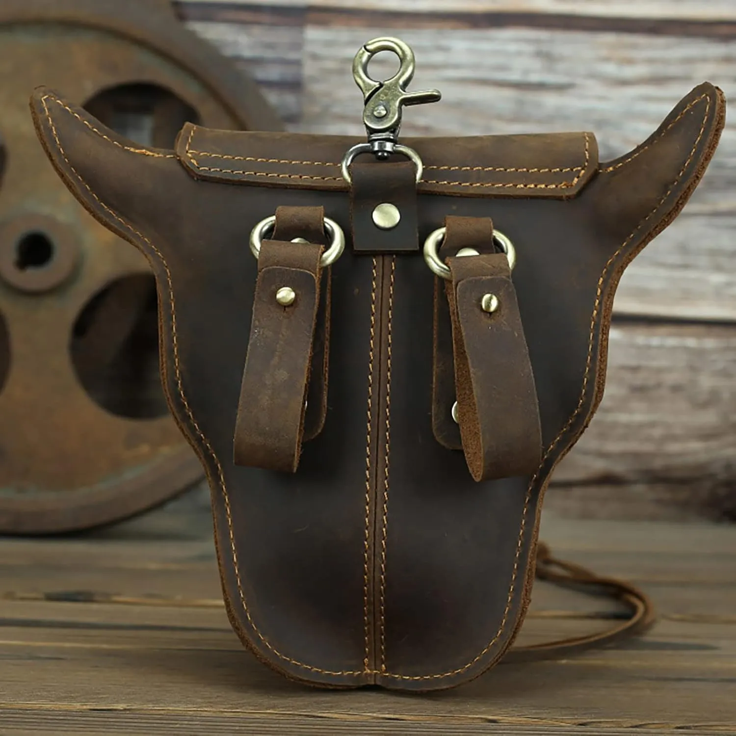 Head Layer Leather Leather Waist Bag Men'S Retro Cool Cow Head Hanging Bag Wear Waist Belt Cell Phone Waist Pack Bags (Brown, One Size)