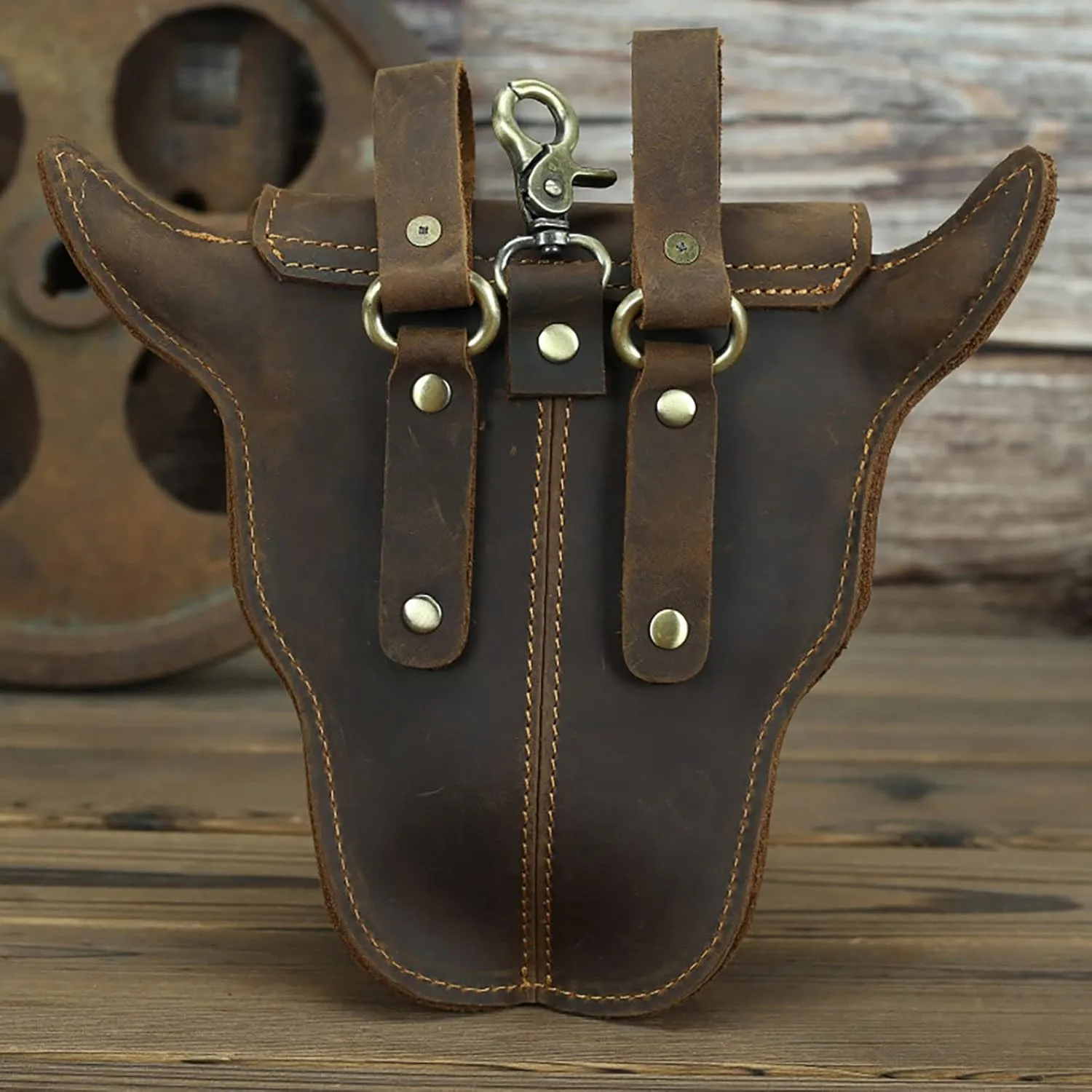 Head Layer Leather Leather Waist Bag Men'S Retro Cool Cow Head Hanging Bag Wear Waist Belt Cell Phone Waist Pack Bags (Brown, One Size)