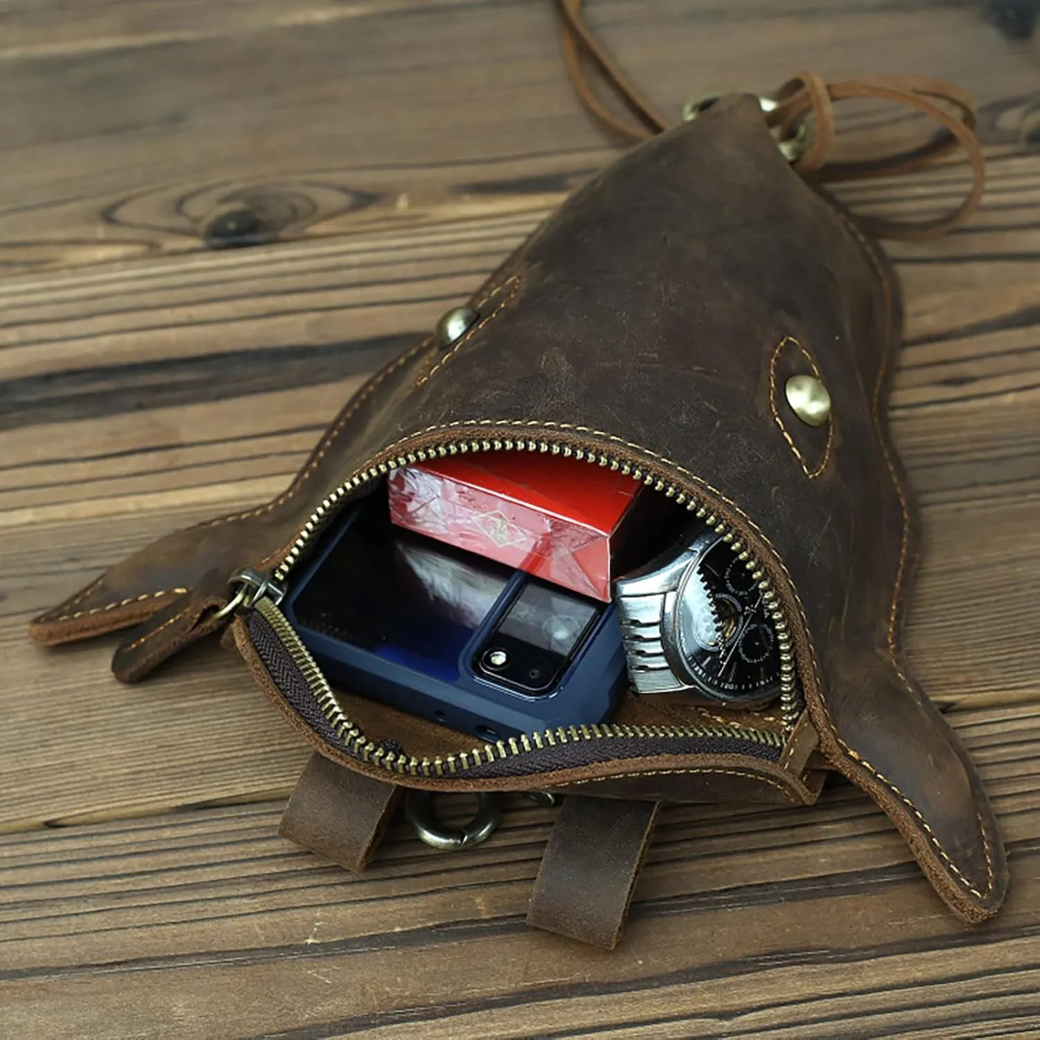 Head Layer Leather Leather Waist Bag Men'S Retro Cool Cow Head Hanging Bag Wear Waist Belt Cell Phone Waist Pack Bags (Brown, One Size)