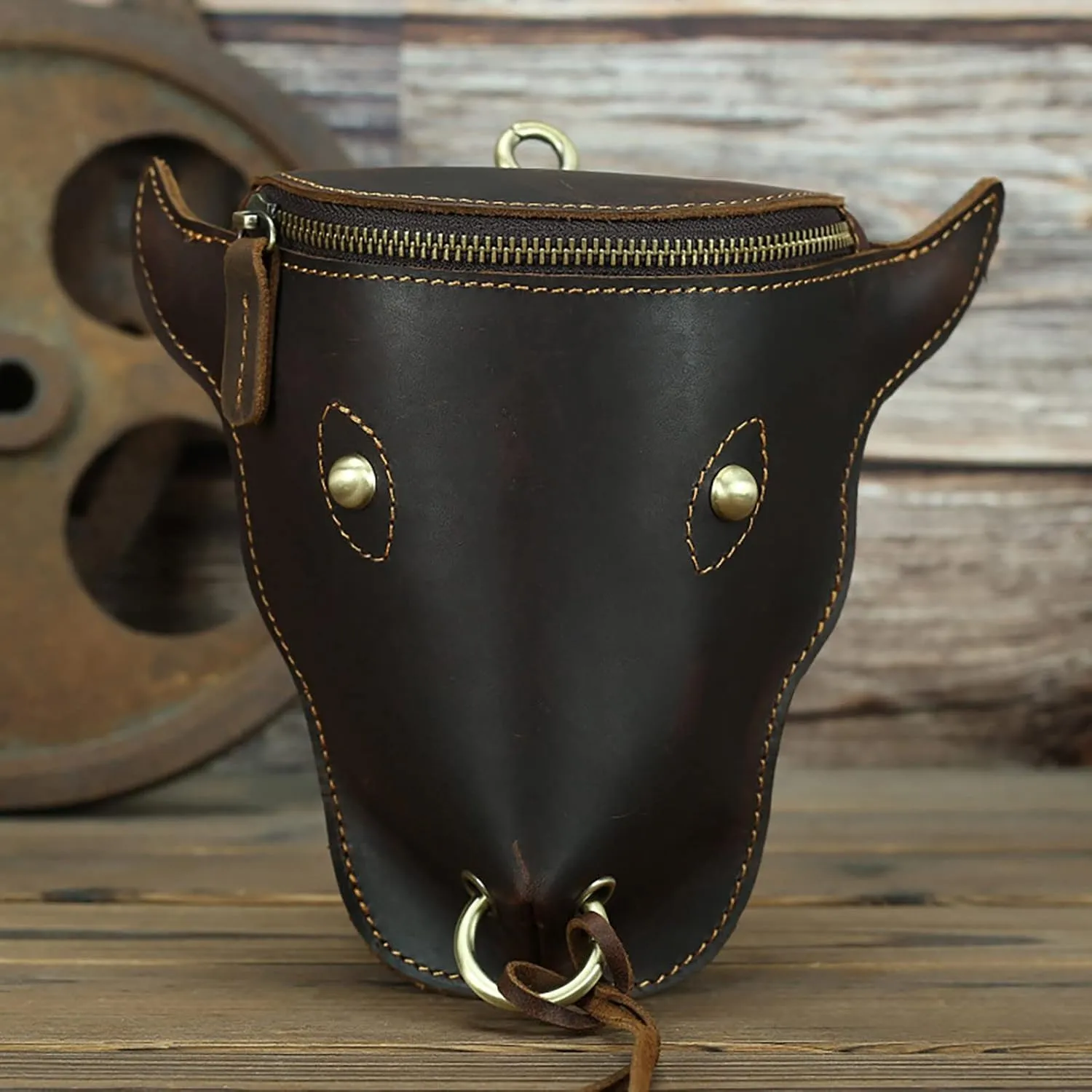 Head Layer Leather Leather Waist Bag Men'S Retro Cool Cow Head Hanging Bag Wear Waist Belt Cell Phone Waist Pack Bags (Brown, One Size)