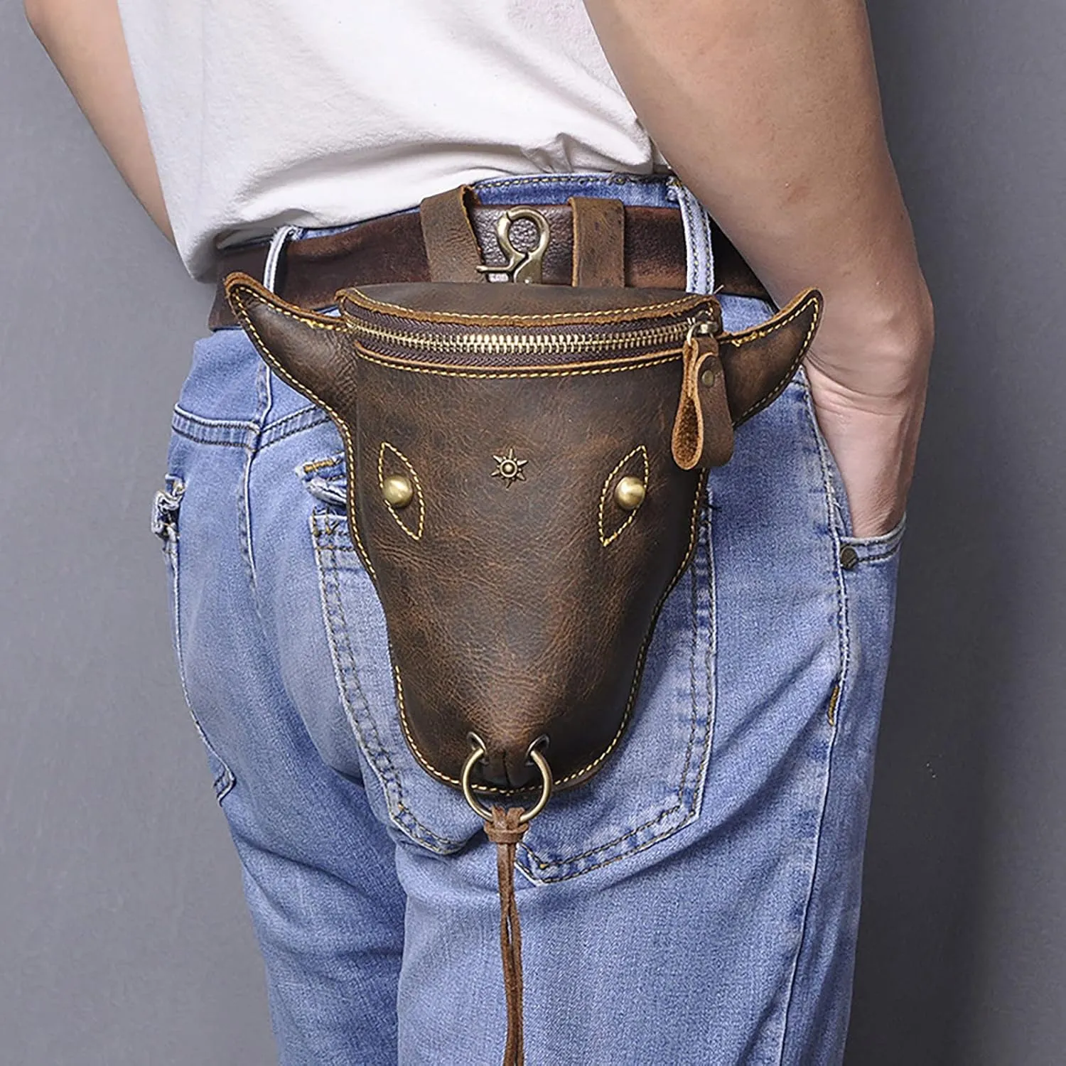 Head Layer Leather Leather Waist Bag Men'S Retro Cool Cow Head Hanging Bag Wear Waist Belt Slim Running Belt Waist Pack (Grey, One Size)