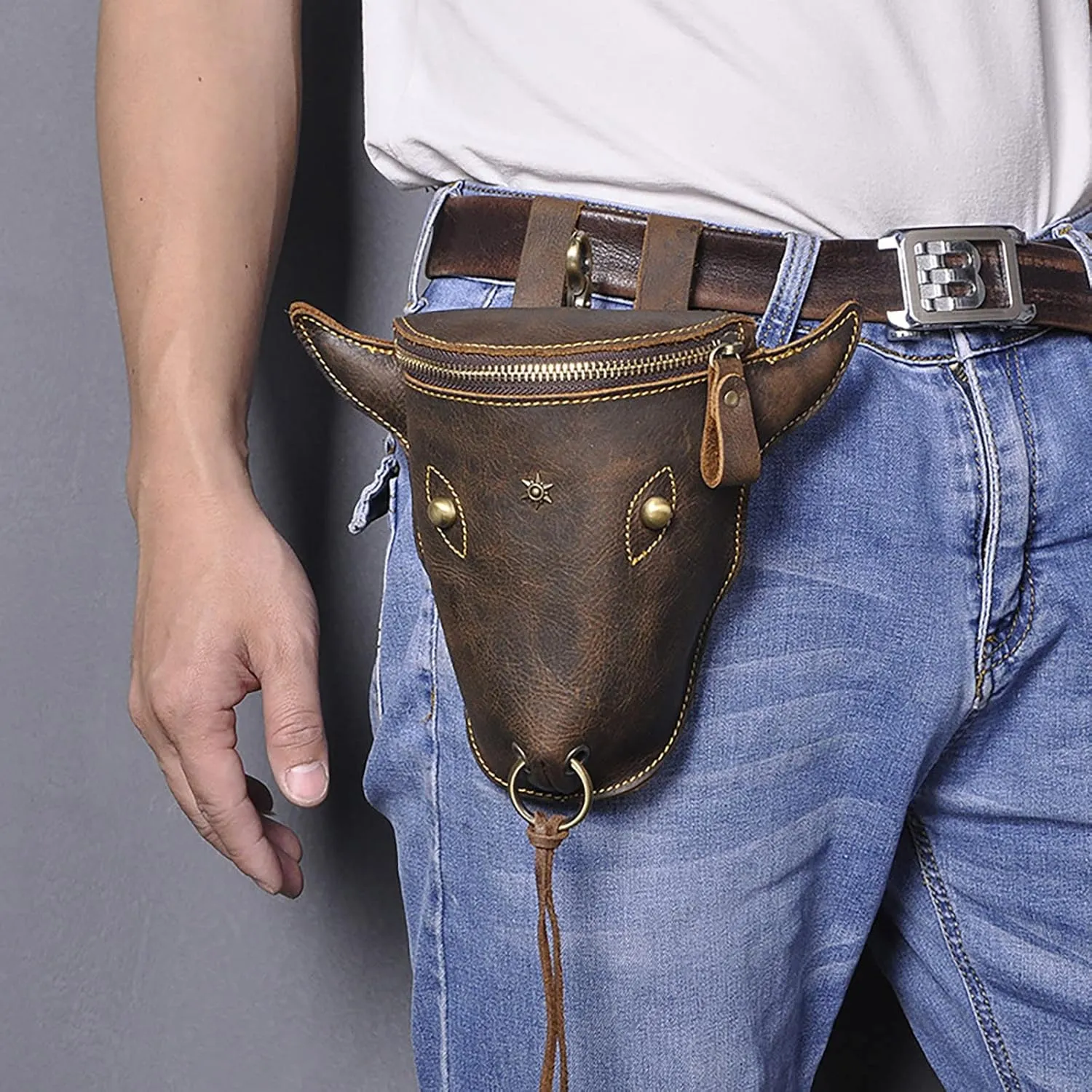 Head Layer Leather Leather Waist Bag Men'S Retro Cool Cow Head Hanging Bag Wear Waist Belt Slim Running Belt Waist Pack (Navy, One Size)