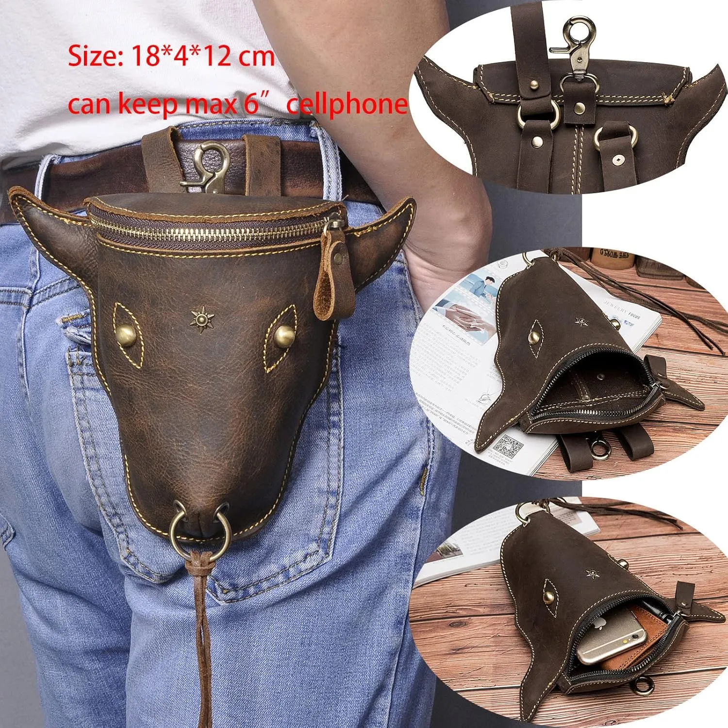 Head Layer Leather Leather Waist Bag Men'S Retro Cool Cow Head Hanging Bag Wear Waist Belt Slim Running Belt Waist Pack (Navy, One Size)