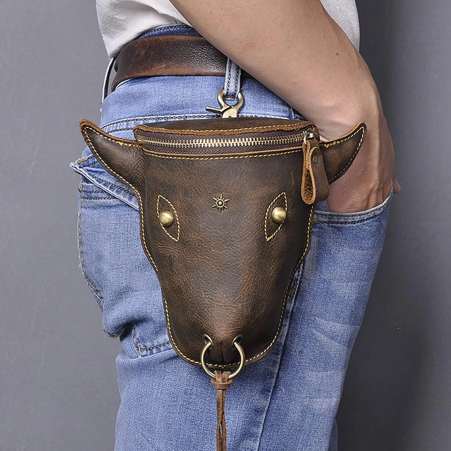 Head Layer Leather Leather Waist Bag Men'S Retro Cool Cow Head Hanging Bag Wear Waist Belt Slim Running Belt Waist Pack (Navy, One Size)