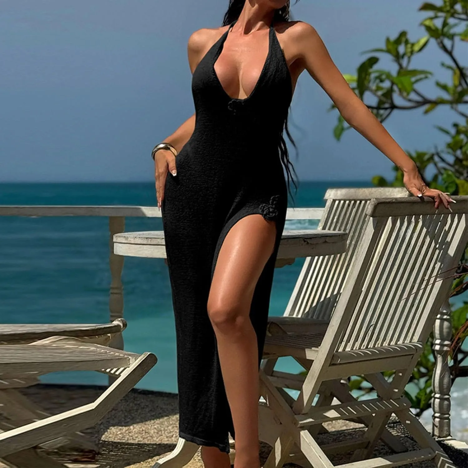 HGps8w Crochet Knit Maxi Dress for Women Summer Sexy Halter Plunge Sleeveless Bikini Coverups Sundress for Vacation Beach