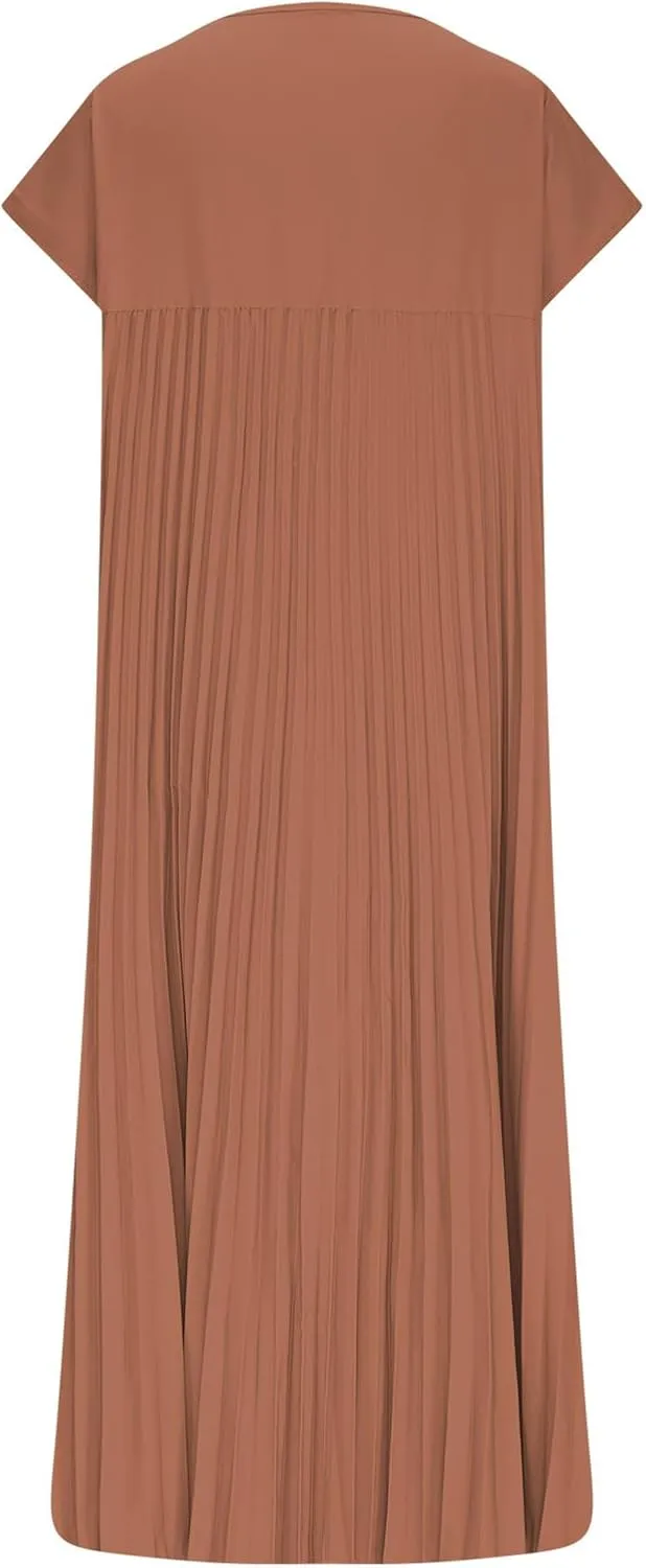HGps8w Summer Dresses for Women 2025 Elegant Pleated A-Line Swing Wedding Guests Dress Loose Cap Sleeve Solid Midi Skirt