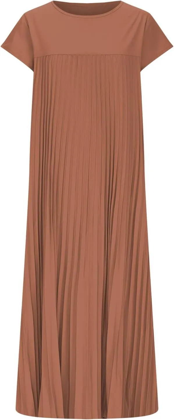HGps8w Summer Dresses for Women 2025 Elegant Pleated A-Line Swing Wedding Guests Dress Loose Cap Sleeve Solid Midi Skirt