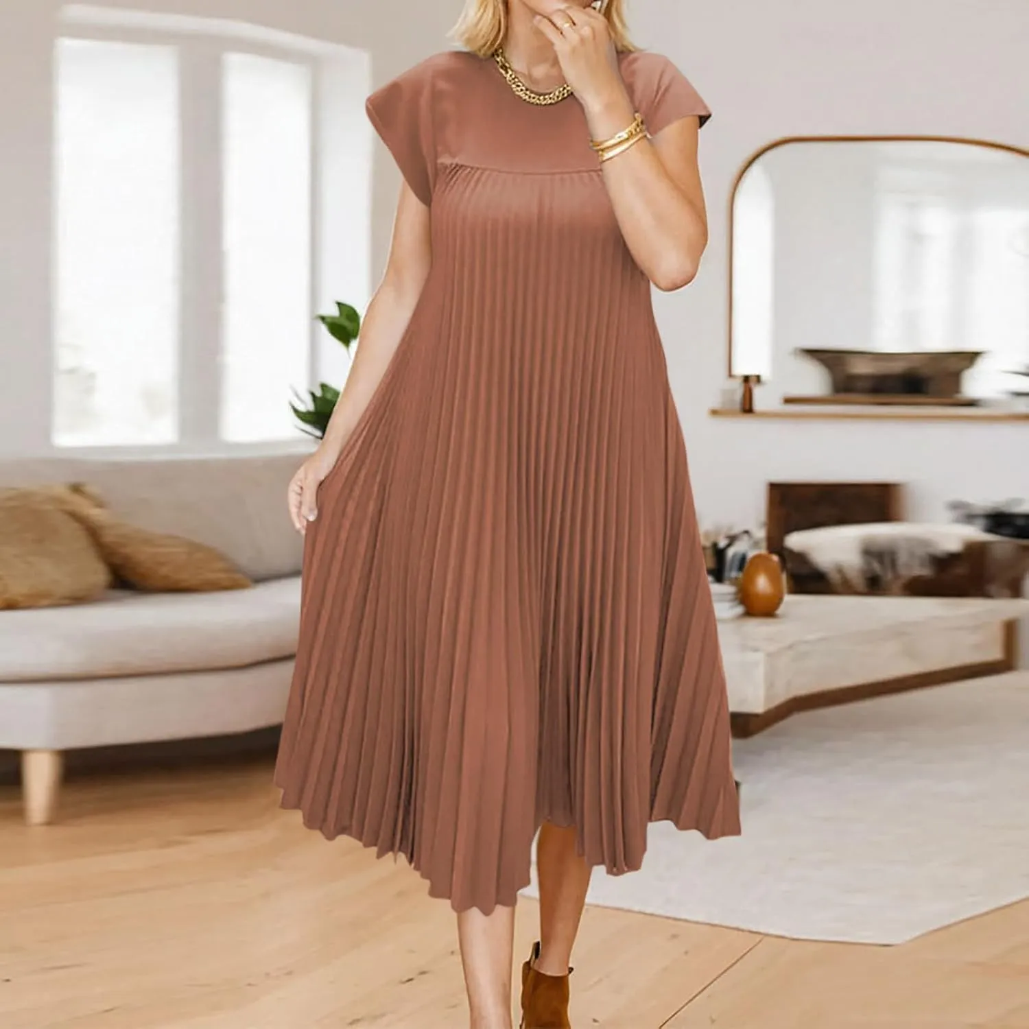 HGps8w Summer Dresses for Women 2025 Elegant Pleated A-Line Swing Wedding Guests Dress Loose Cap Sleeve Solid Midi Skirt