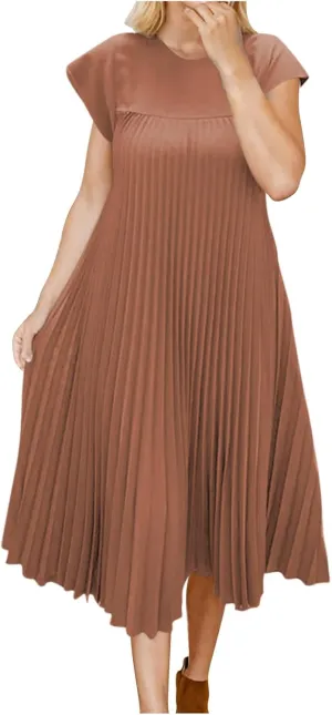 HGps8w Summer Dresses for Women 2025 Elegant Pleated A-Line Swing Wedding Guests Dress Loose Cap Sleeve Solid Midi Skirt