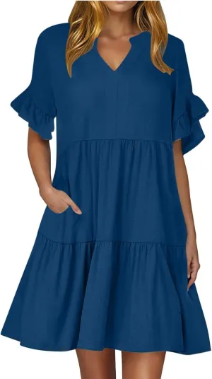 HGps8w Summer Dresses for Women 2025 Ruffle A-Line Mini Dress Loose V Neck Short Sleeve Casual One Piece Skirts with Pocket