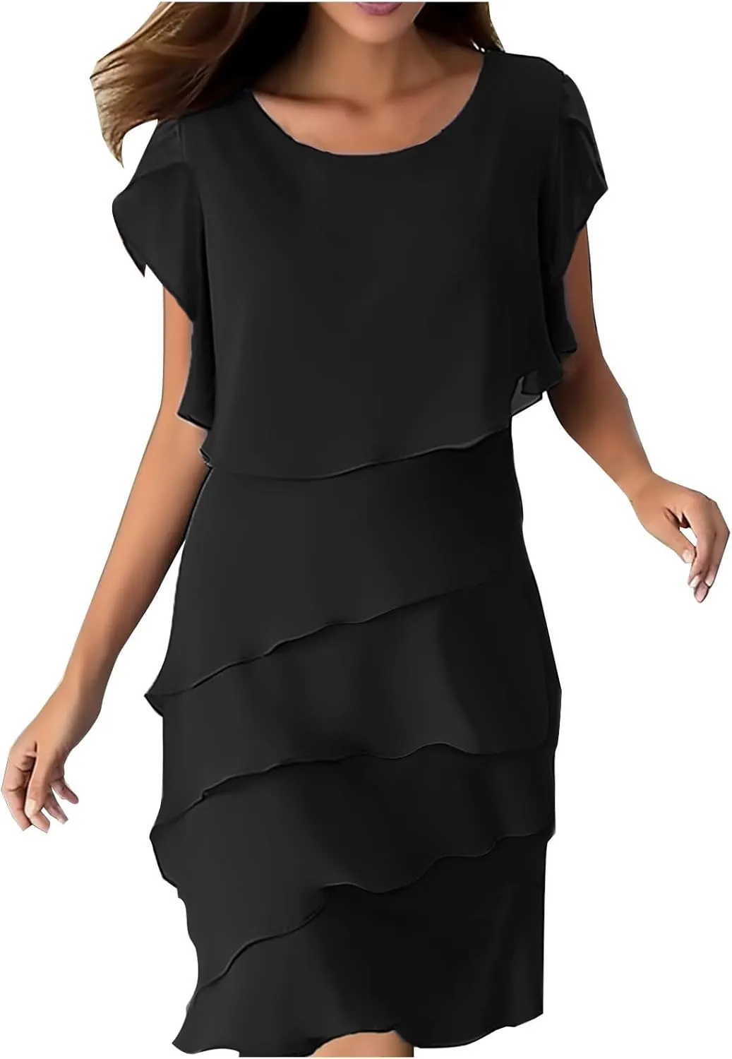 HGps8w Wedding Guest Dresses for Women Plus Size Flowy Chiffon Layered Shawl Formal Party Cocktail Midi Dress