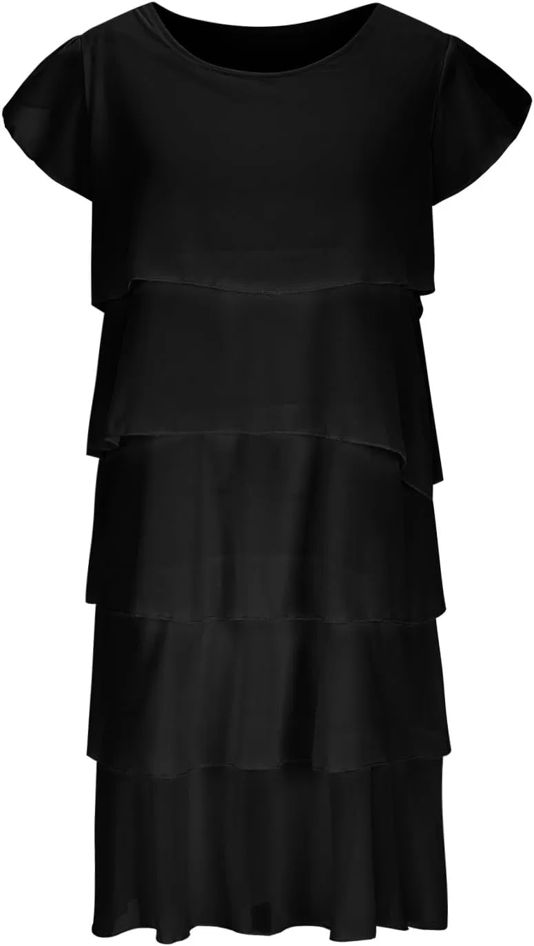 HGps8w Wedding Guest Dresses for Women Plus Size Flowy Chiffon Layered Shawl Formal Party Cocktail Midi Dress