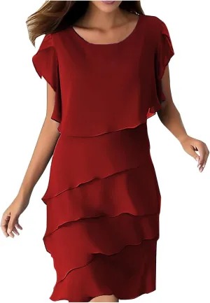 HGps8w Wedding Guest Dresses for Women Plus Size Flowy Chiffon Layered Shawl Formal Party Cocktail Midi Dress