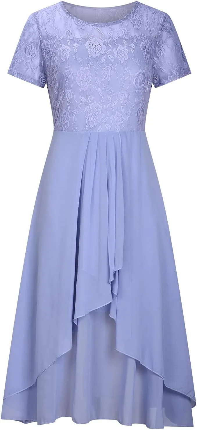 HGps8w Wedding Guests Dresses for Women Elegant Short Sleeve Lace Chiffon Flowy Dress Formal Evening Party Prom Gown
