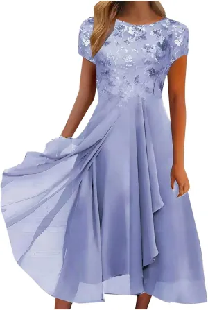HGps8w Wedding Guests Dresses for Women Elegant Short Sleeve Lace Chiffon Flowy Dress Formal Evening Party Prom Gown